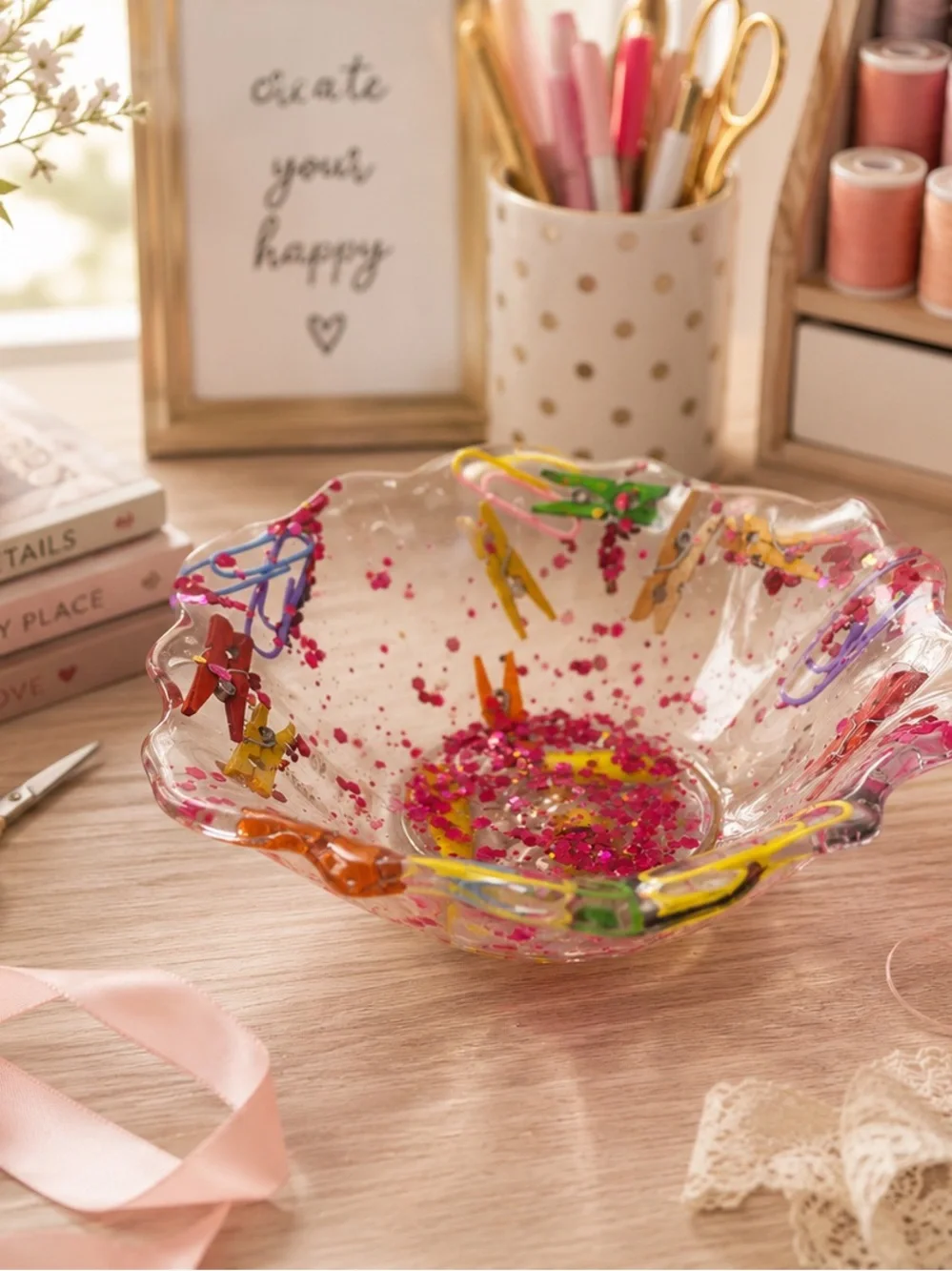 Clear Resin Decorative Bowl with Pink Confetti and Multicolor Accents